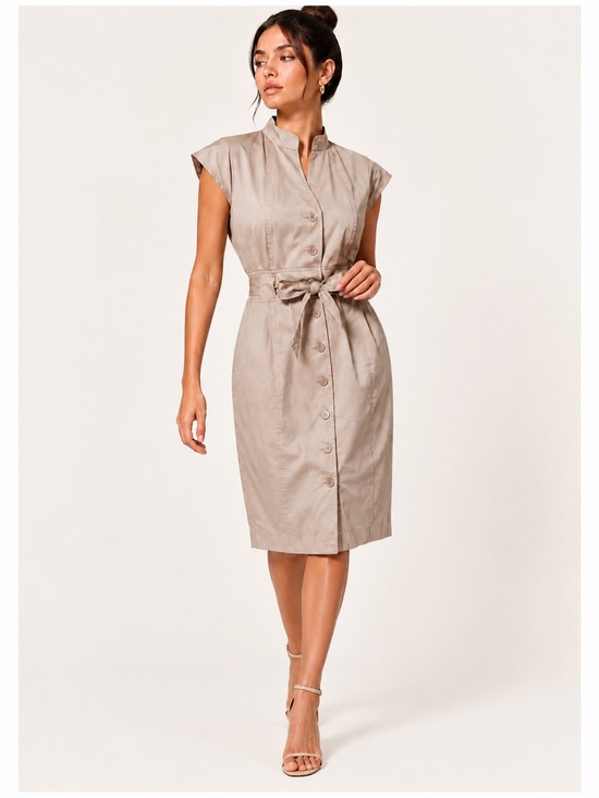 Calvin Klein Dresses & Skirts - Calvin Klein Safari Sheath Midi Beige Belted Button Front Mock Neck Dress 12